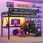Loft Bed With Desk And Charging Station With Stairs And Light