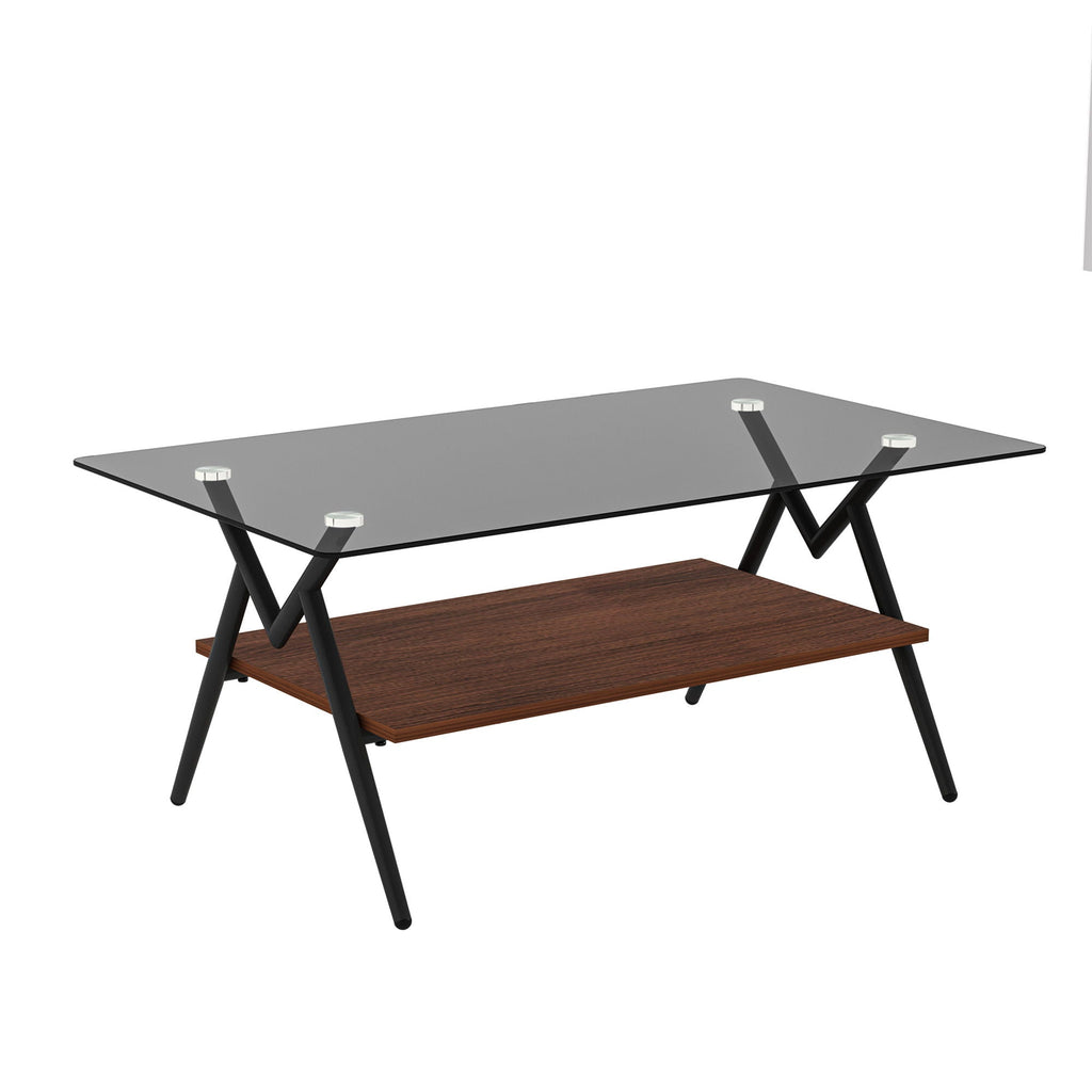 Rectangle Coffee Table With Tempered Glass Top And Shelf, Modern Table For Living Room