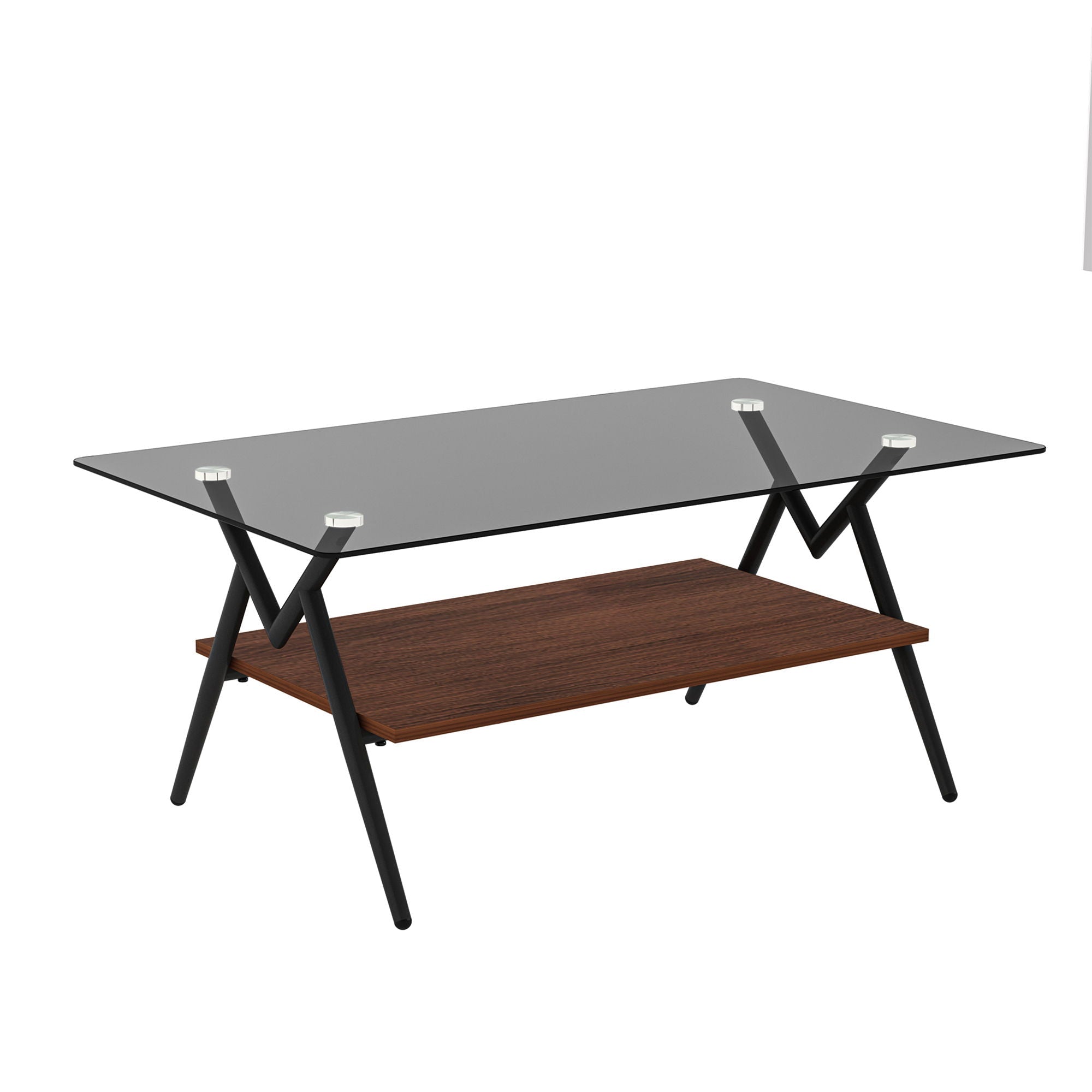 Rectangle Coffee Table With Tempered Glass Top And Shelf, Modern Table For Living Room