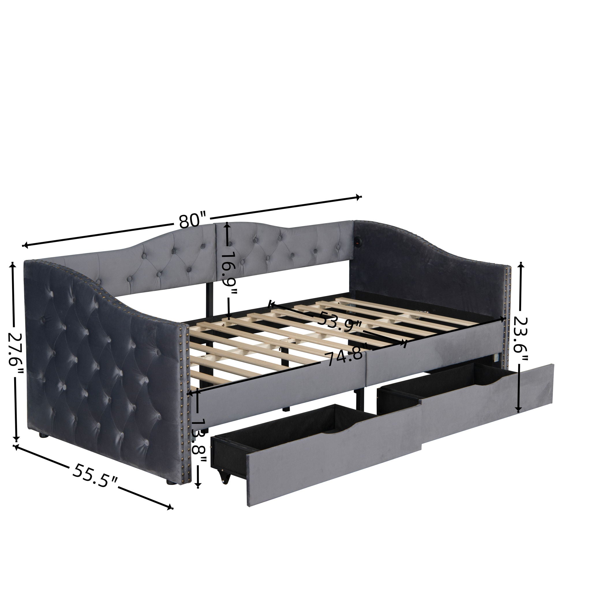 Full Size Bed Frame, Upholstered Cloud Bed Frame With Headboard, 2 Storage Drawers And 2 USB Charging Design, No Box Spring Needed - Gray