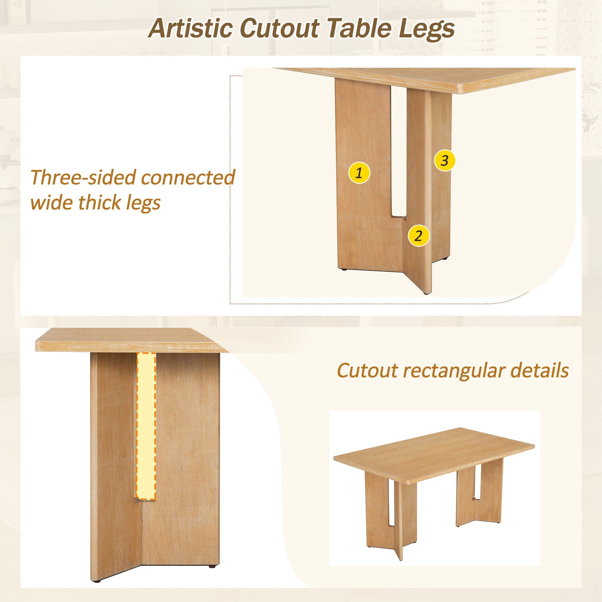 Dining Table Set With 6 Upholstered Chairs, Rectangular Table With Cutout Legs