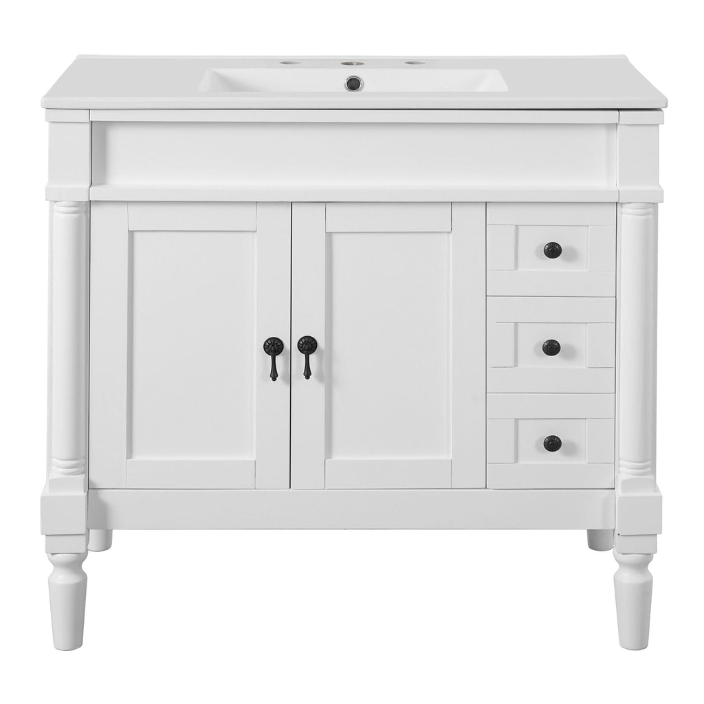 Bathroom Vanity With Ceramic Sink, 2 Doors 3 Drawers, Soft Close Design