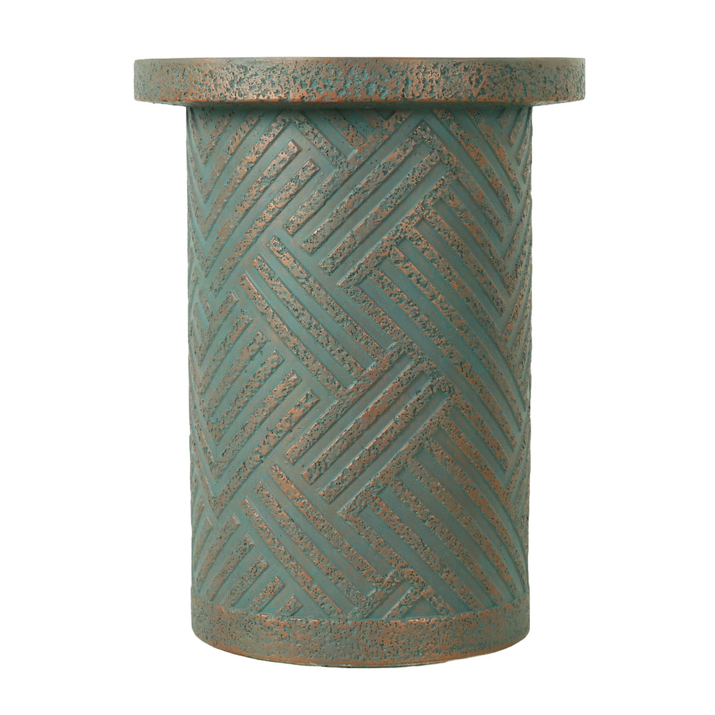 Round Outdoor End Table With Tree Stump Design For Patio - Golden / Green / Peacock