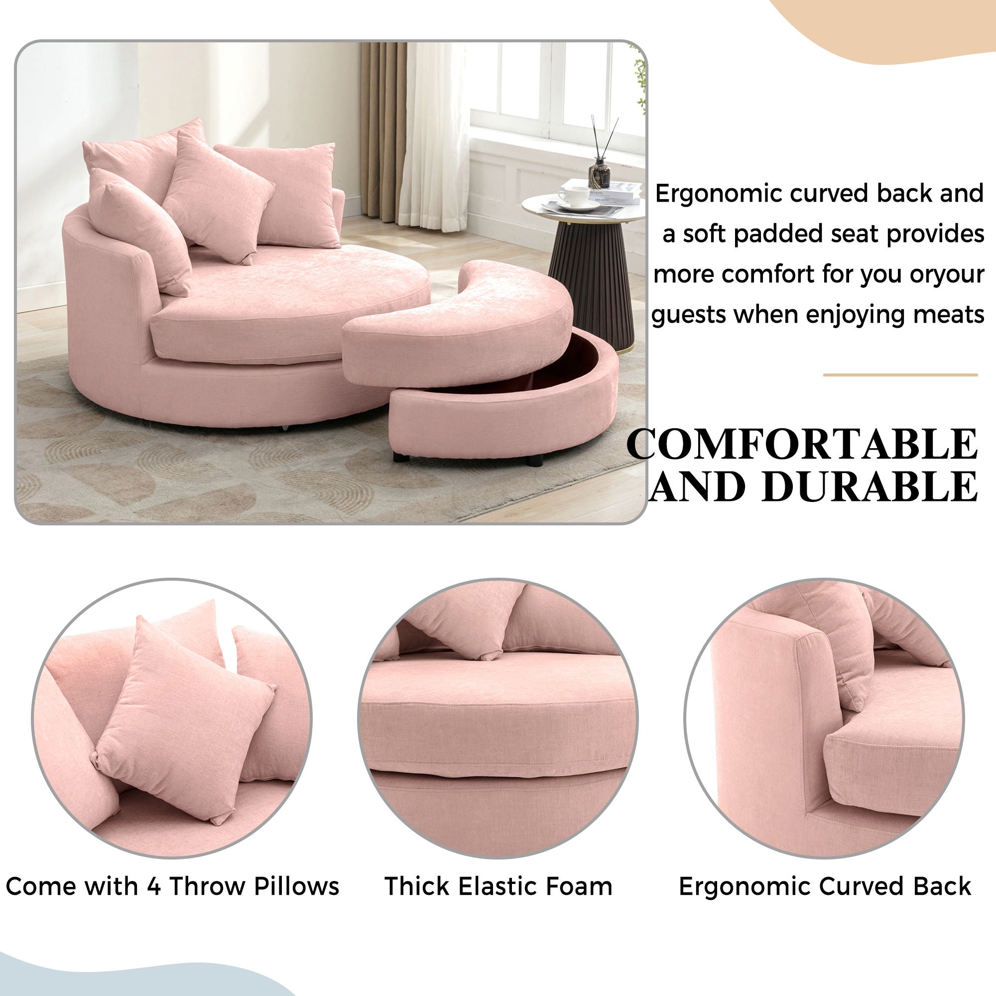 360° Swivel Accent Barrel Chair With Storage Ottoman & 4 Pillows, Modern Leisure Chair Round Accent For Living Room