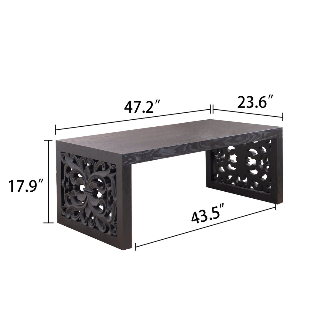Rustic Carved Wood Coffee Table, Handcrafted Look With Ornate Side Panels