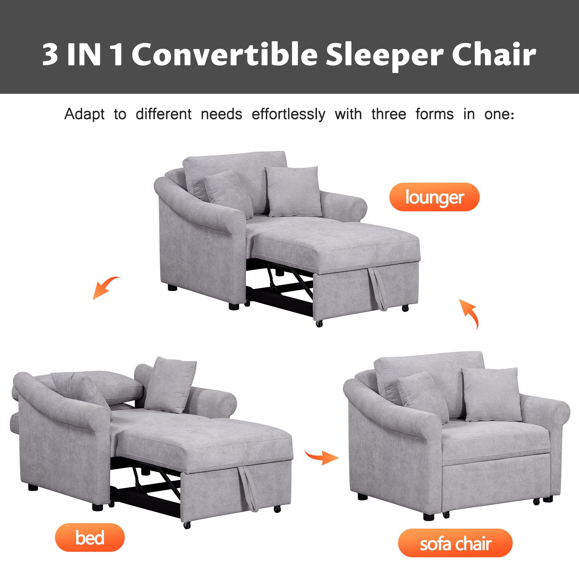 Convertible Sleeper Chair With Adjustable Backrest, 3 In 1 Lounger Chair Turns Into Bed, Single Bed For Living Room
