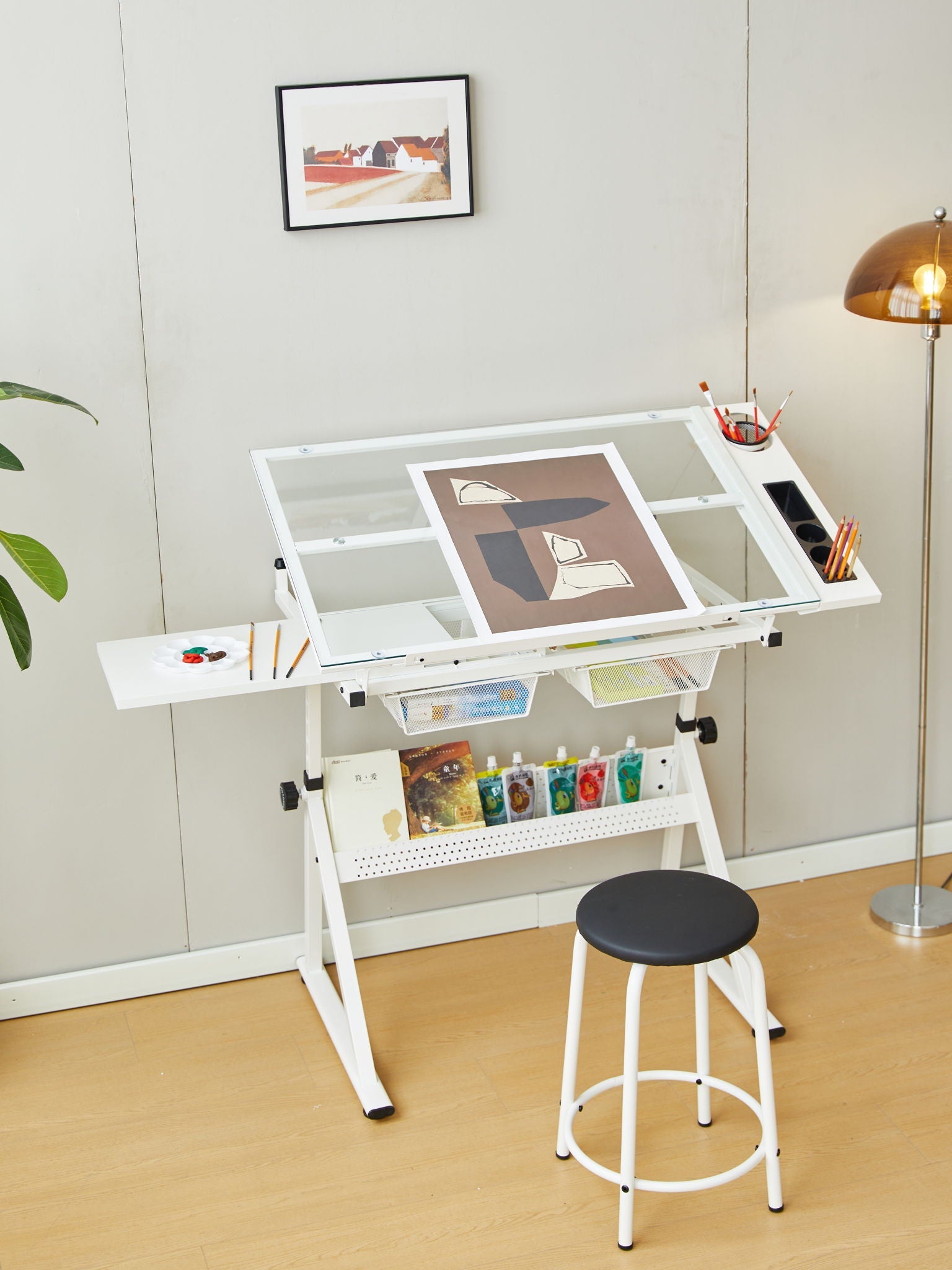 Adjustable Tempered Glass Drafting Printing Table With Chair