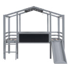 Loft House Bed With Ladder And Slide, With board And Light Strip On The Roof