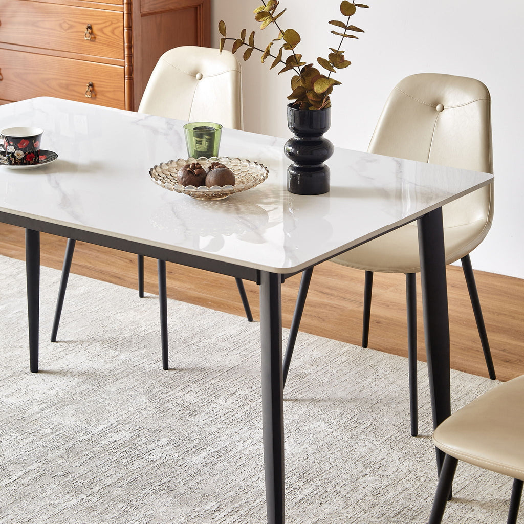 Dining Table Round White Sintered Stone Top Heavy Duty Metal Legs Waterproof Surface For Kitchen Dining Room Or Office Furniture - White / Black