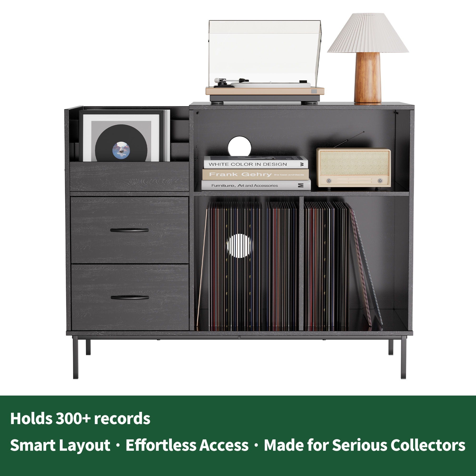 Grain Record Player Stand, Media Console With Speaker Shelf & 2 Drawers