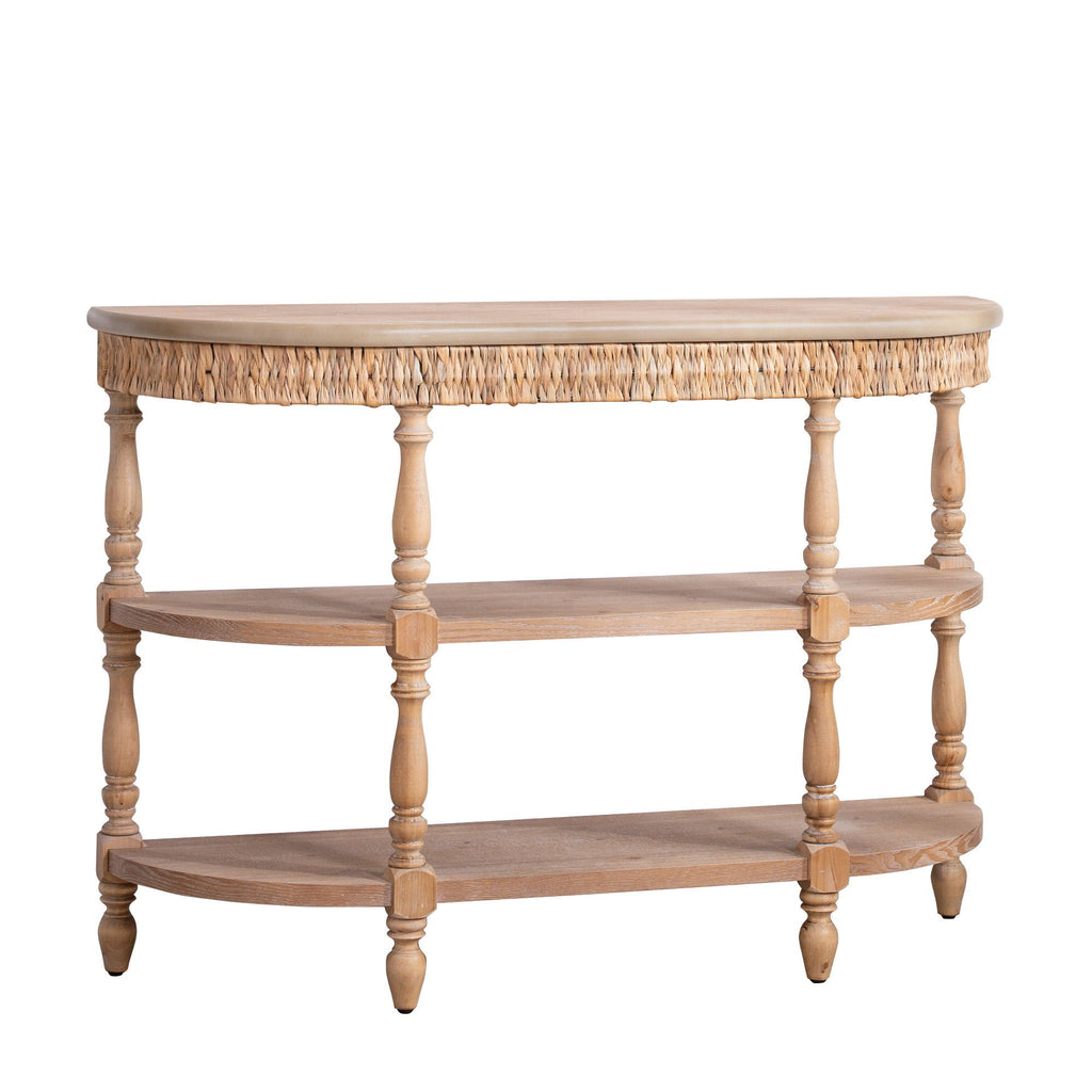 Handcrafted Console Table With Hand Woven Trim, 3 Tier Storage Shelves - Natural