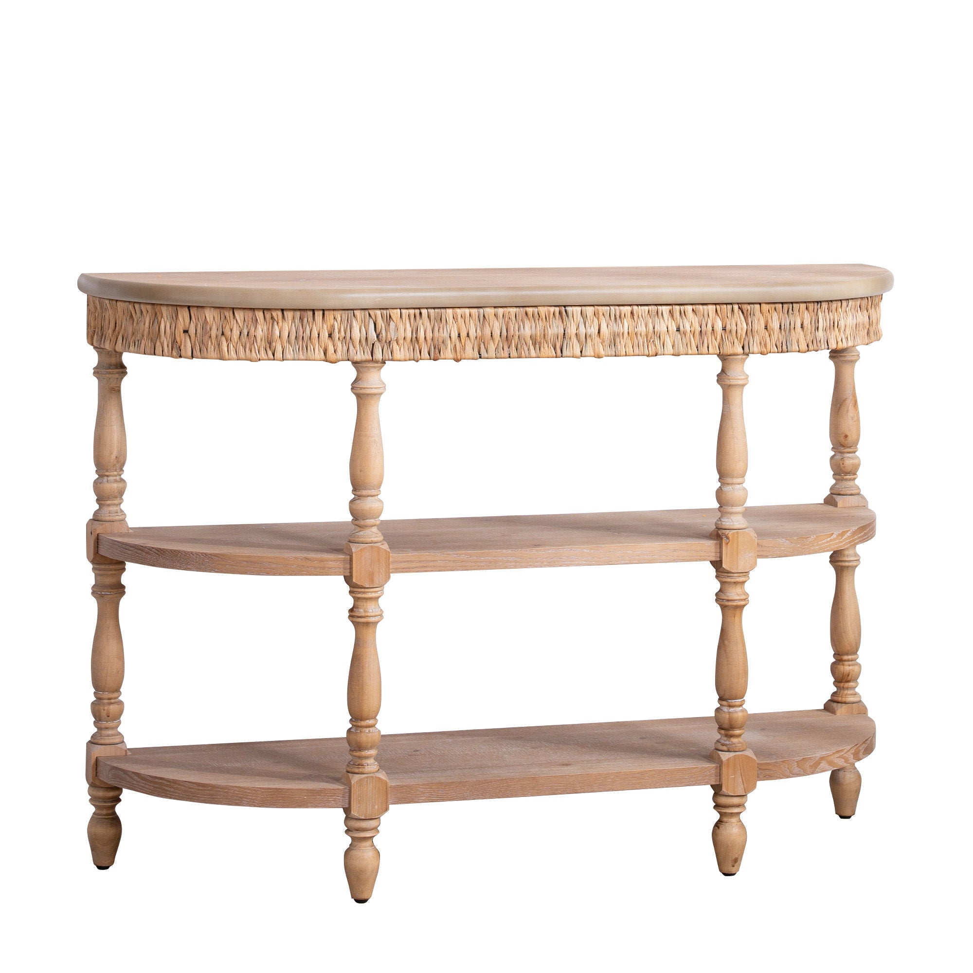 Handcrafted Console Table With Hand Woven Trim, 3 Tier Storage Shelves - Natural