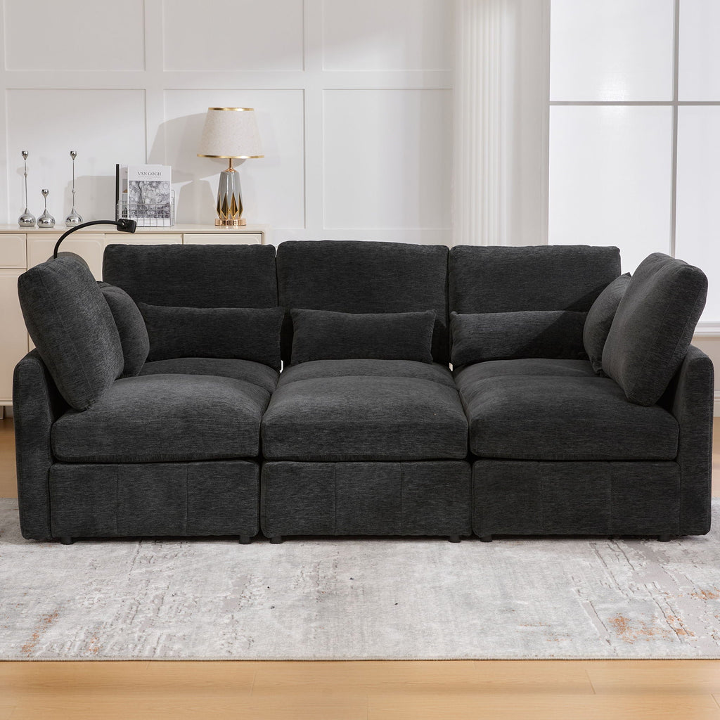 Modern Modular U-Shaped Sofa Bed With Movable Ottoman, USB Ports, Phone Holder