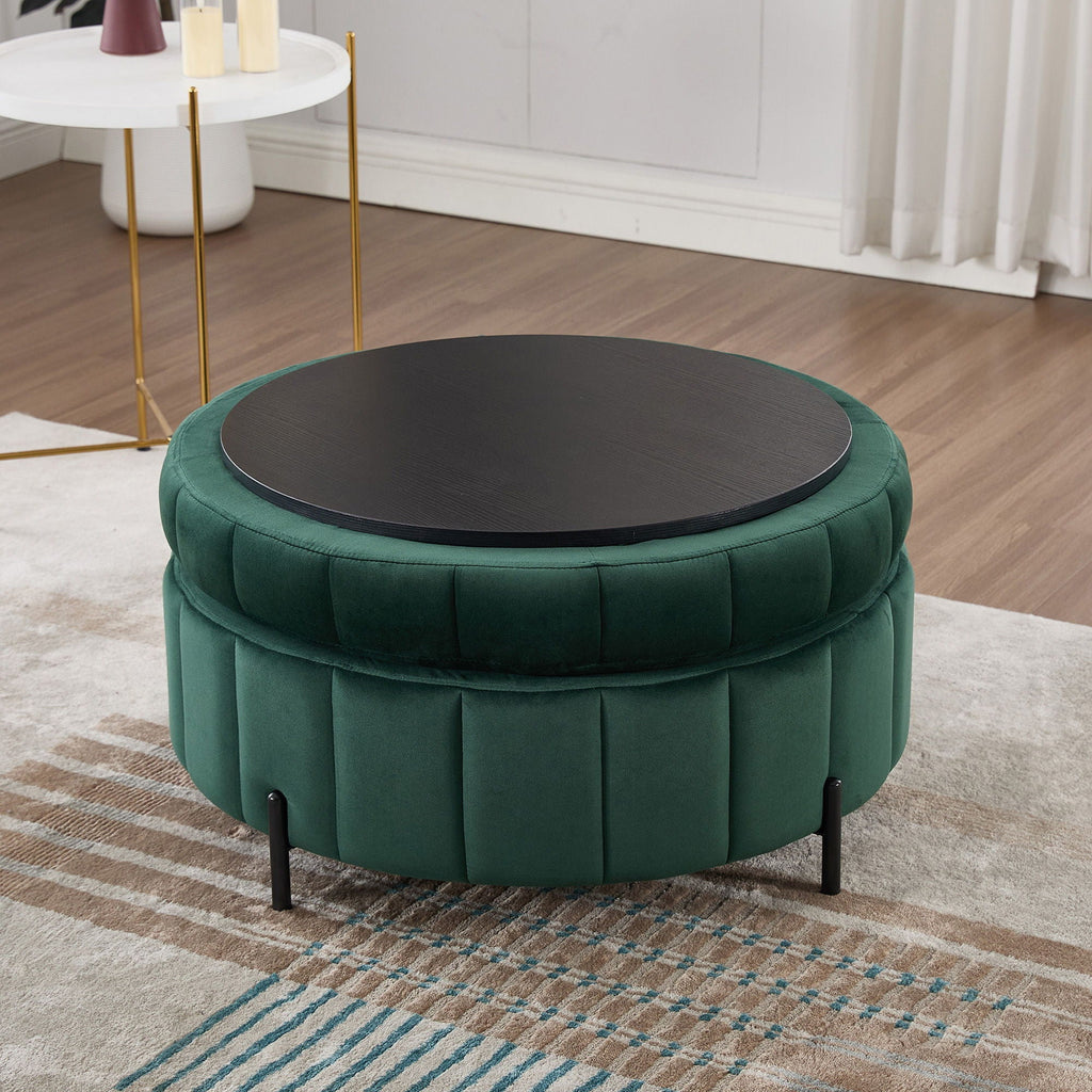 Upholstered Round Ottoman With Reversible Lid, Channel Tufted Pumpkin Shape