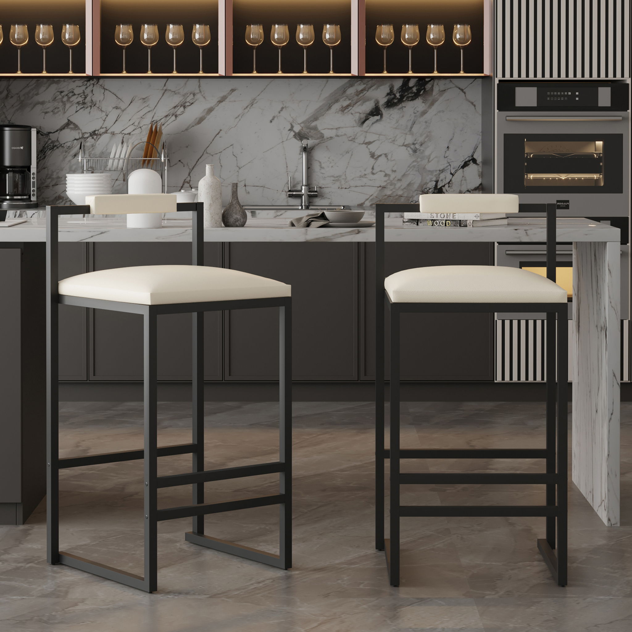 Elegant Bar Stool Set With Backrest And Footrest, Counter Height (Set of 2)