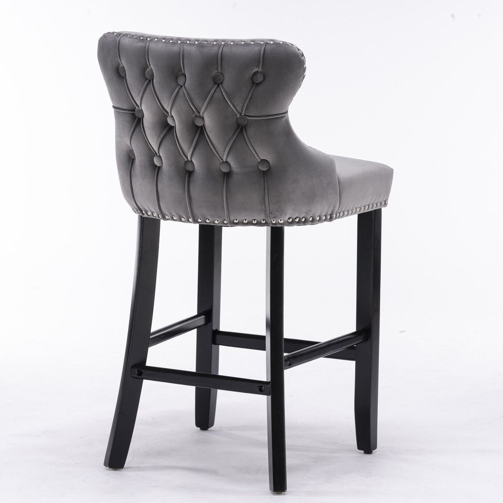 Contemporary Upholstered Wing-Back Barstools With Button Tufted Decoration And Wooden Legs, And Nailhead Trim, Leisure Style Bar Chairs, Bar Stools (Set of 2)