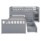 Loft Platform Bed With 7 Drawers And Full Guardrails, Modern L Shaped Space Savin