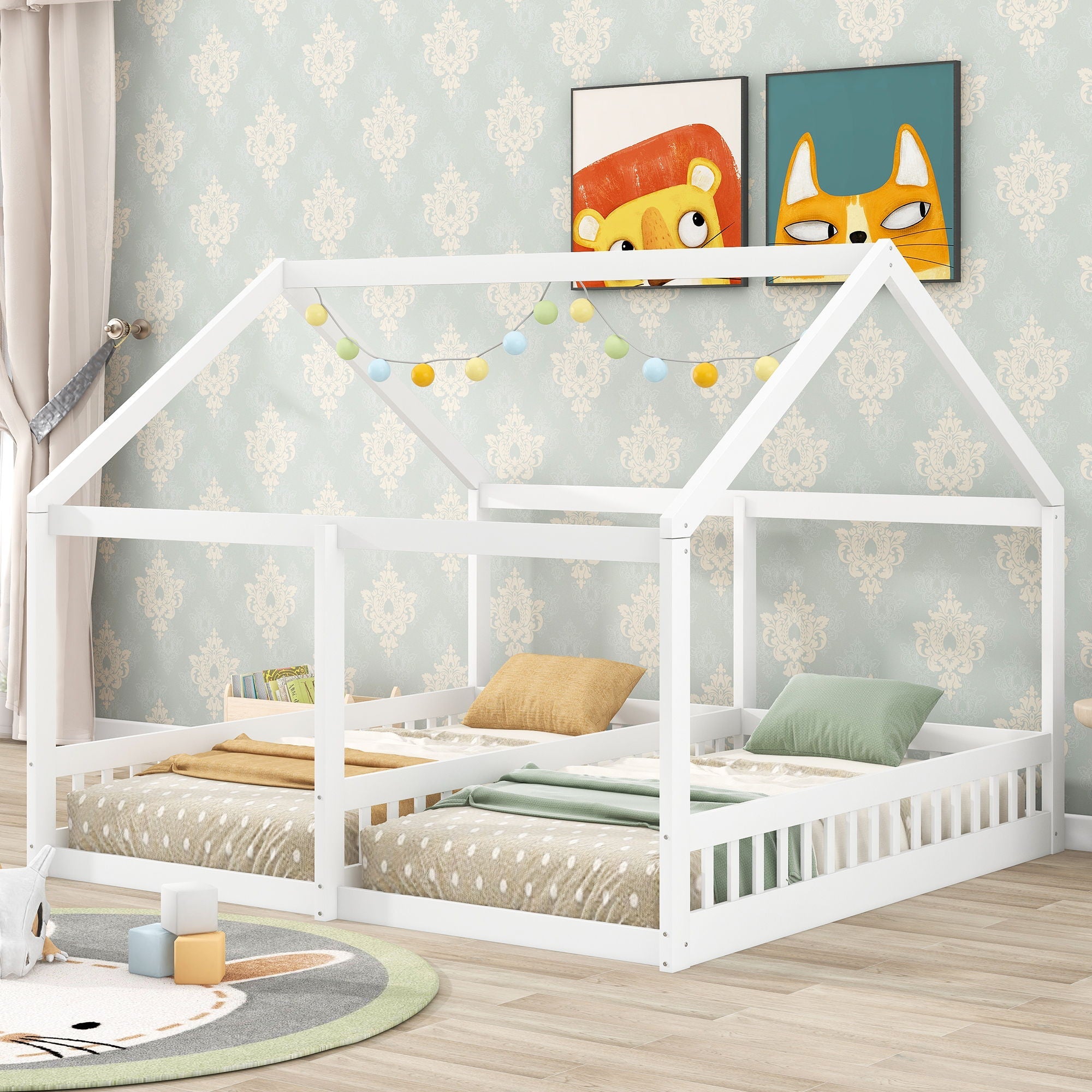 House Platform Beds, 2 Shared Beds, Metal Frame With Guardrails