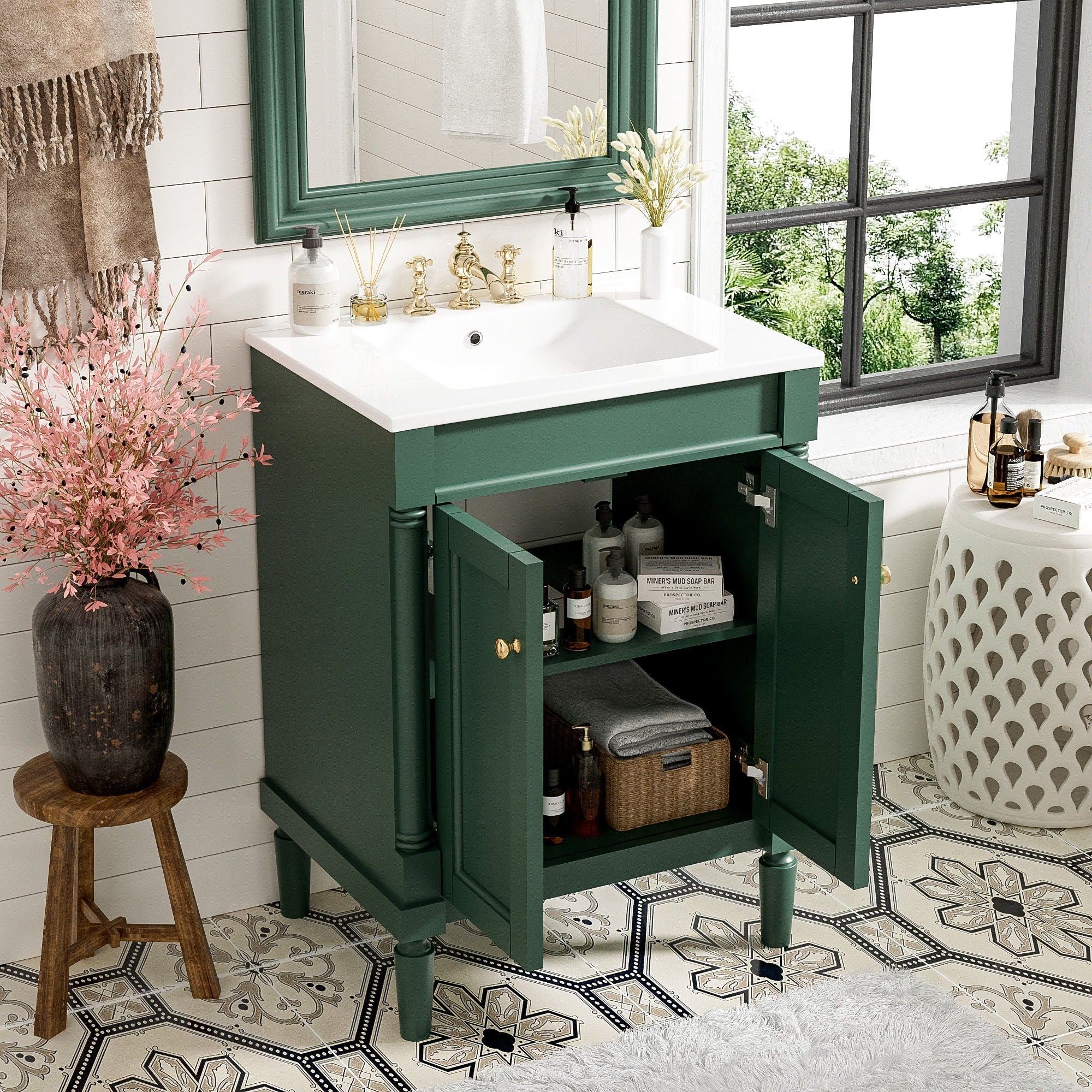 Bathroom Vanity With Top Sink, 2 Tier Storage Cabinet