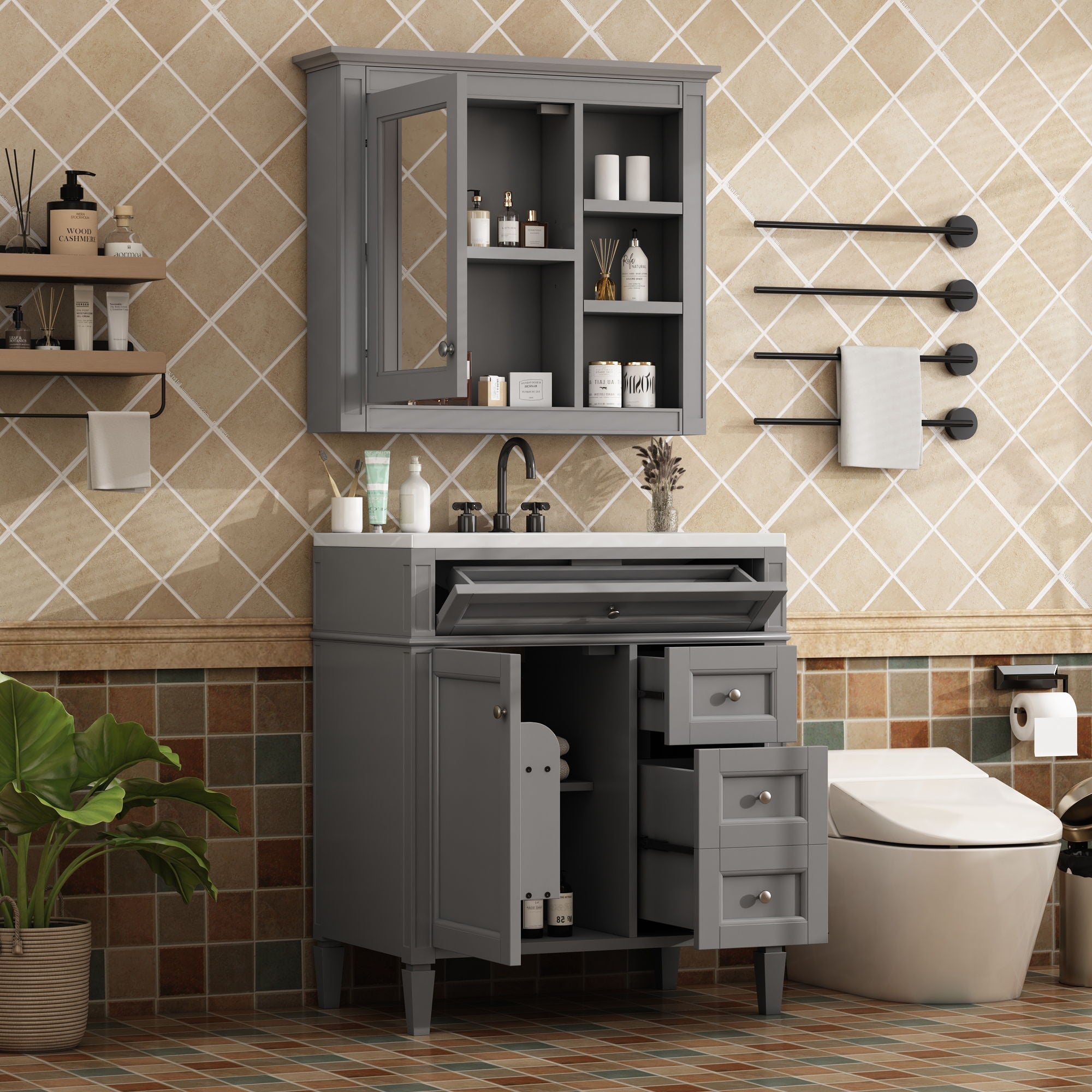 Bathroom Vanity With Top Sink, Freestanding Storage Cabinet With 2 Doors And 3 Drawers, Mirror Cabinet Included - Gray