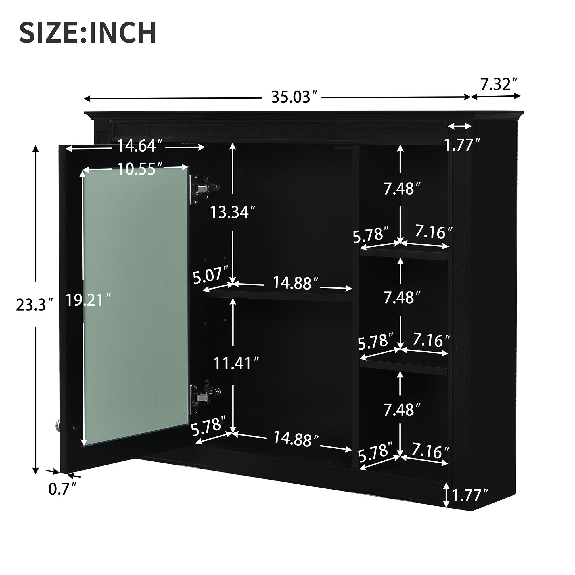 Wall Mounted Medicine Cabinet With Mirror, Storage Cabinet Featuring 6 Open Shelves And Adjustable Interior