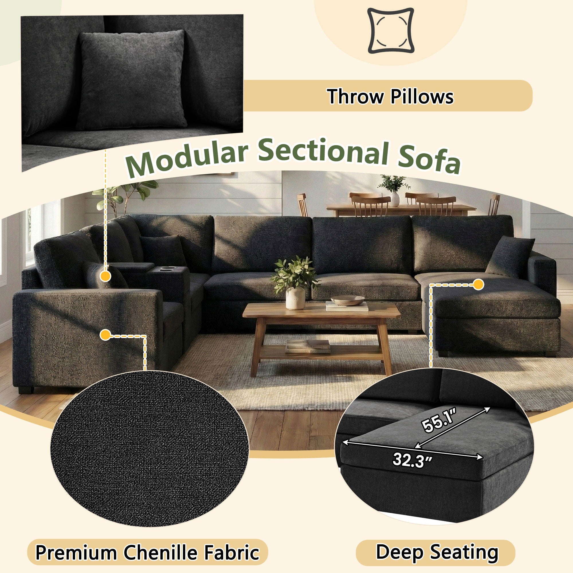 Modular 5 Seat U-Shape Sectional Sofa With Chaise Lounge, Built In Cup Holders And Storage Drawer