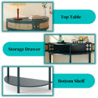 Boho Rattan Semi Circle End Table With Sliding Rattan Door, Storage And Bottom Shelf
