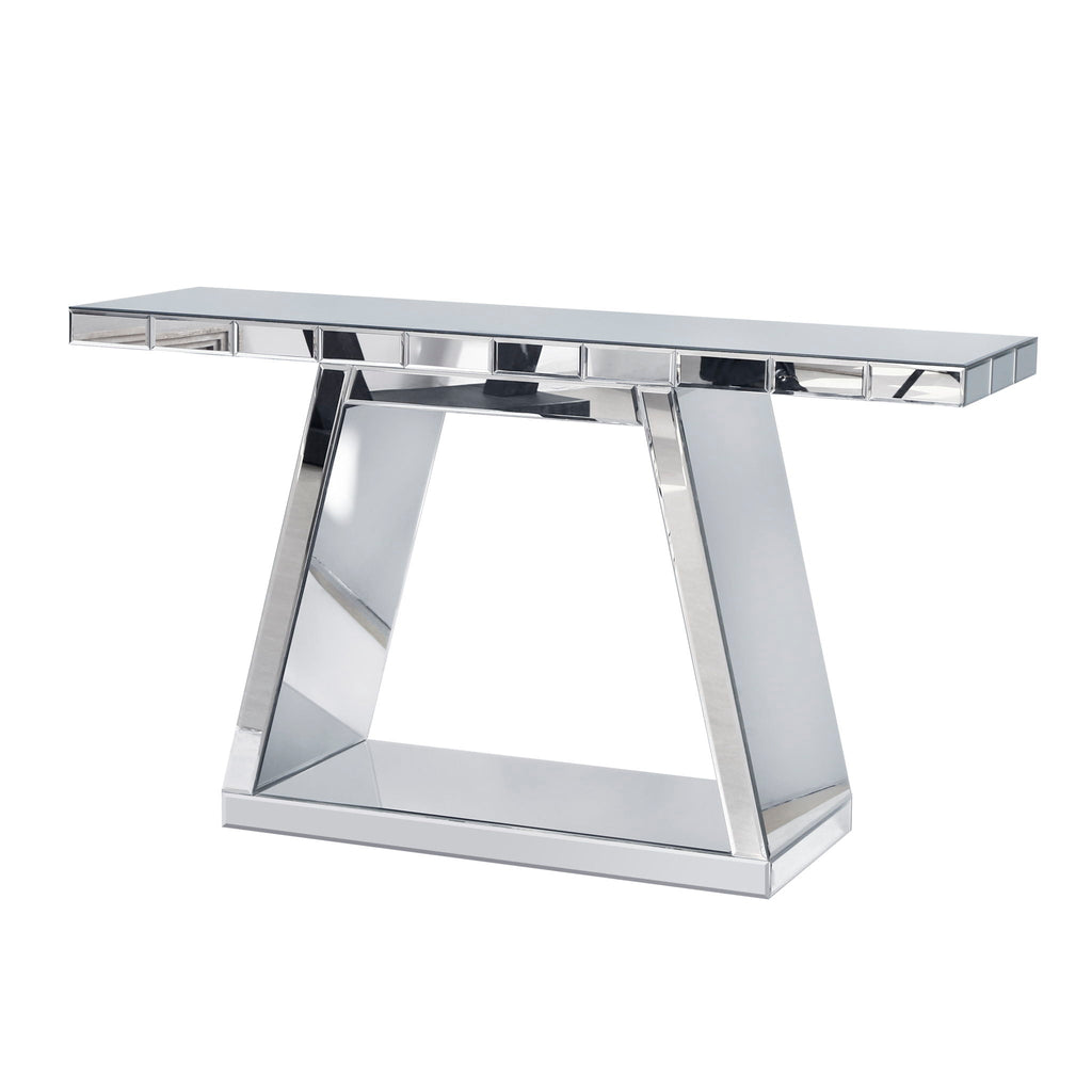 Modern Luxe Full Body Mirror Entryway Table With Trapezoid Base, 360° Reflective Console, Scratch Resistant, Open Storage - Silver