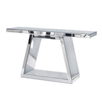 Modern Luxe Full Body Mirror Entryway Table With Trapezoid Base, 360° Reflective Console, Scratch Resistant, Open Storage - Silver