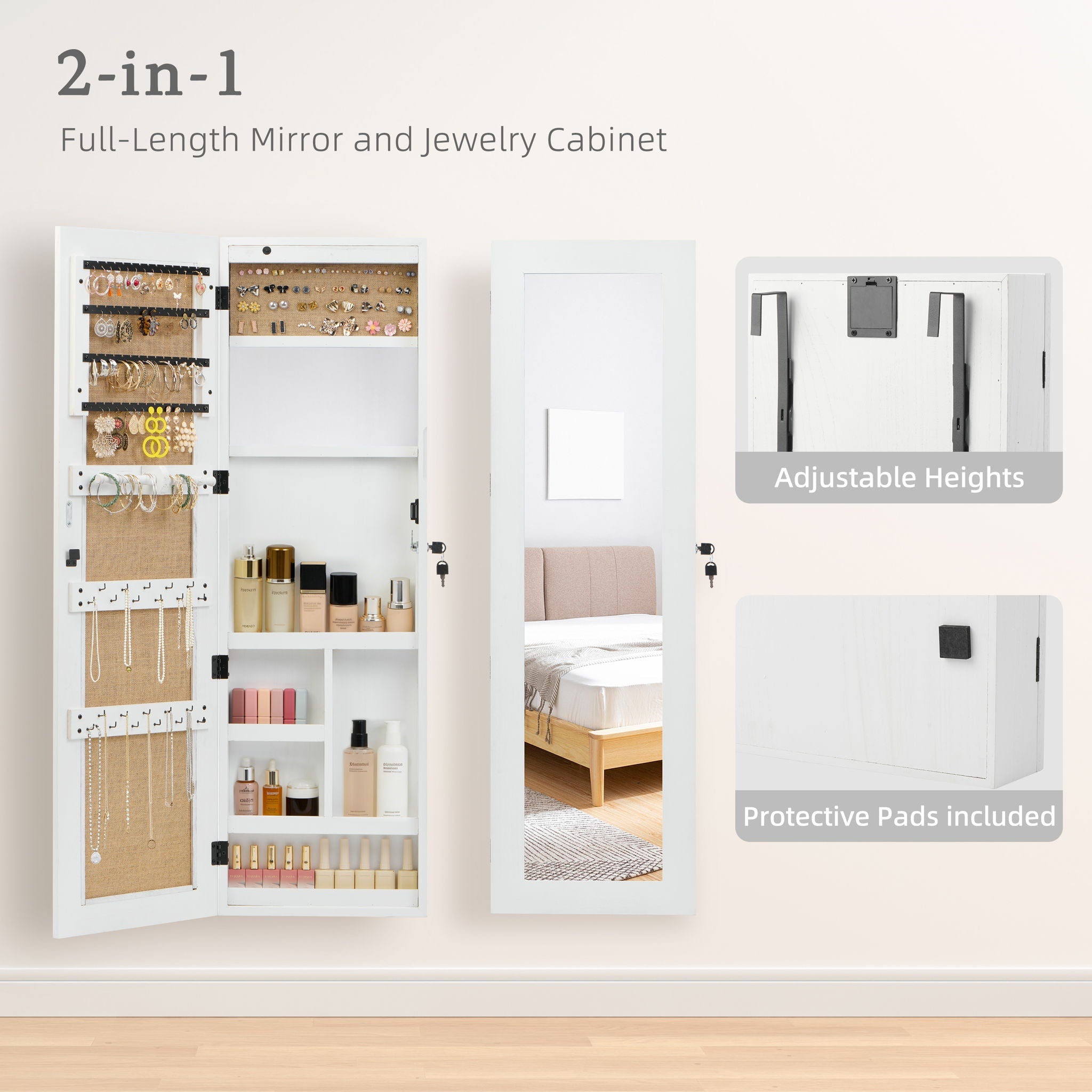 Jewelry Armoire Organizer With Full Length Mirror, Wall Mounted Lockable Cabinet With LED Light