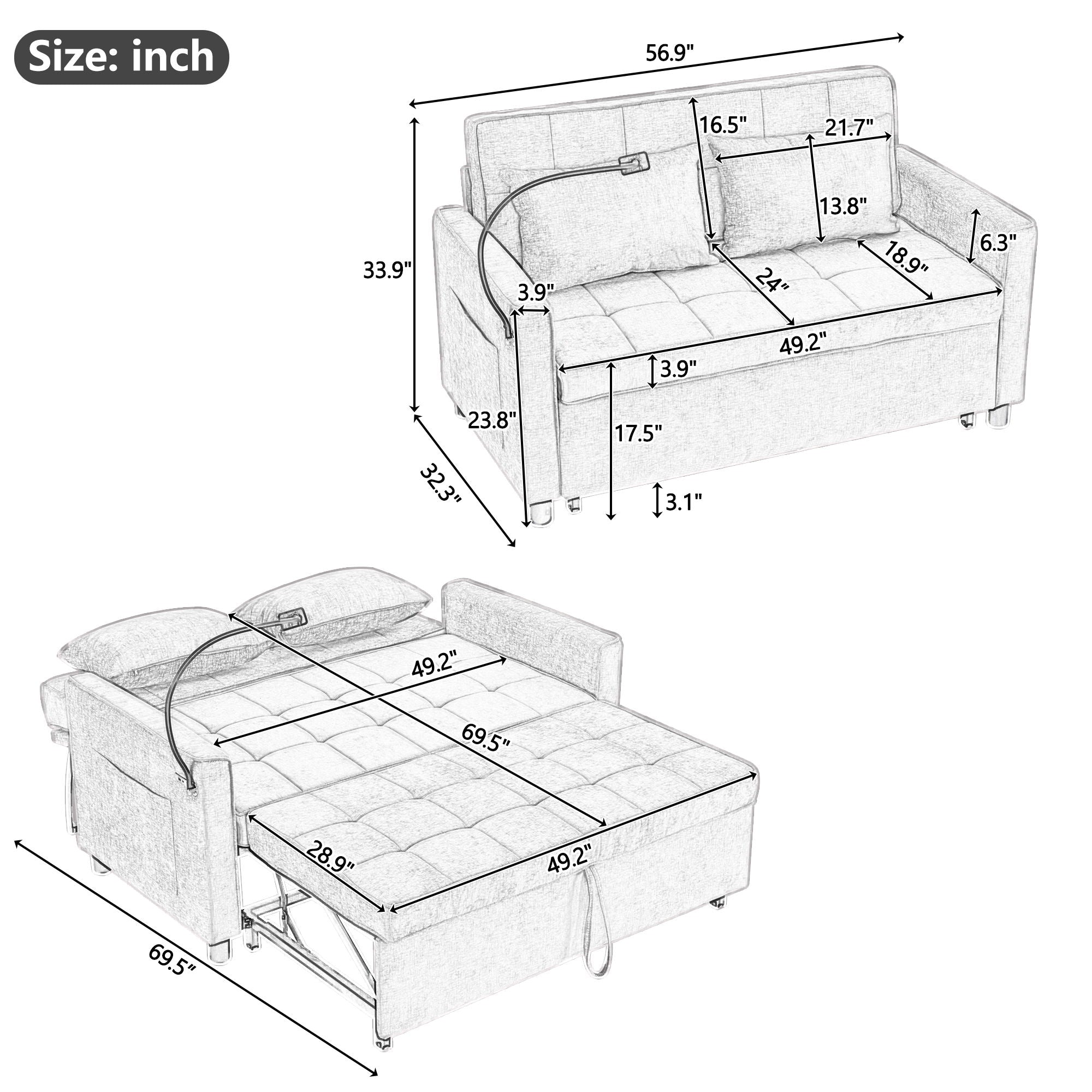 Pull-Out Sleeper Sofa With Reversible Backrest Cushion, Side Pockets, 2 USB Ports And A Phone Holder For Living Room