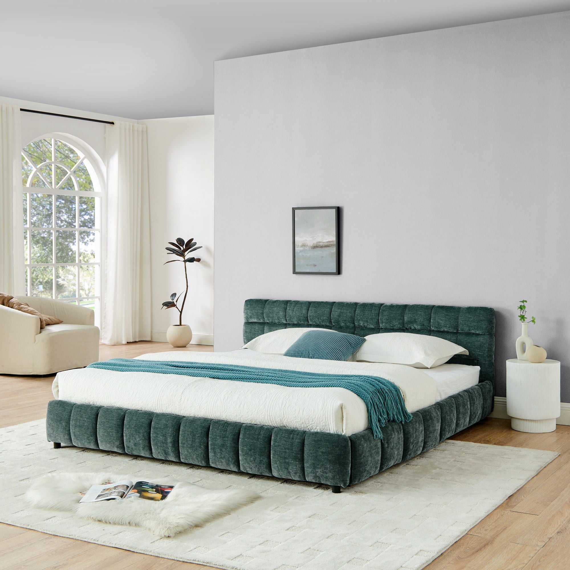 Modern Platform Bed Frame With Thick Fabric