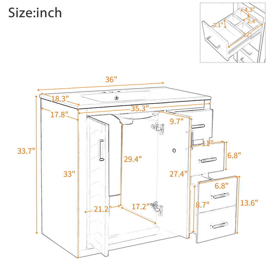 Bathroom Vanity With Sink, Storage Cabinet, Freestanding Set With 3 Drawers & Soft Closing Doors - Indigo