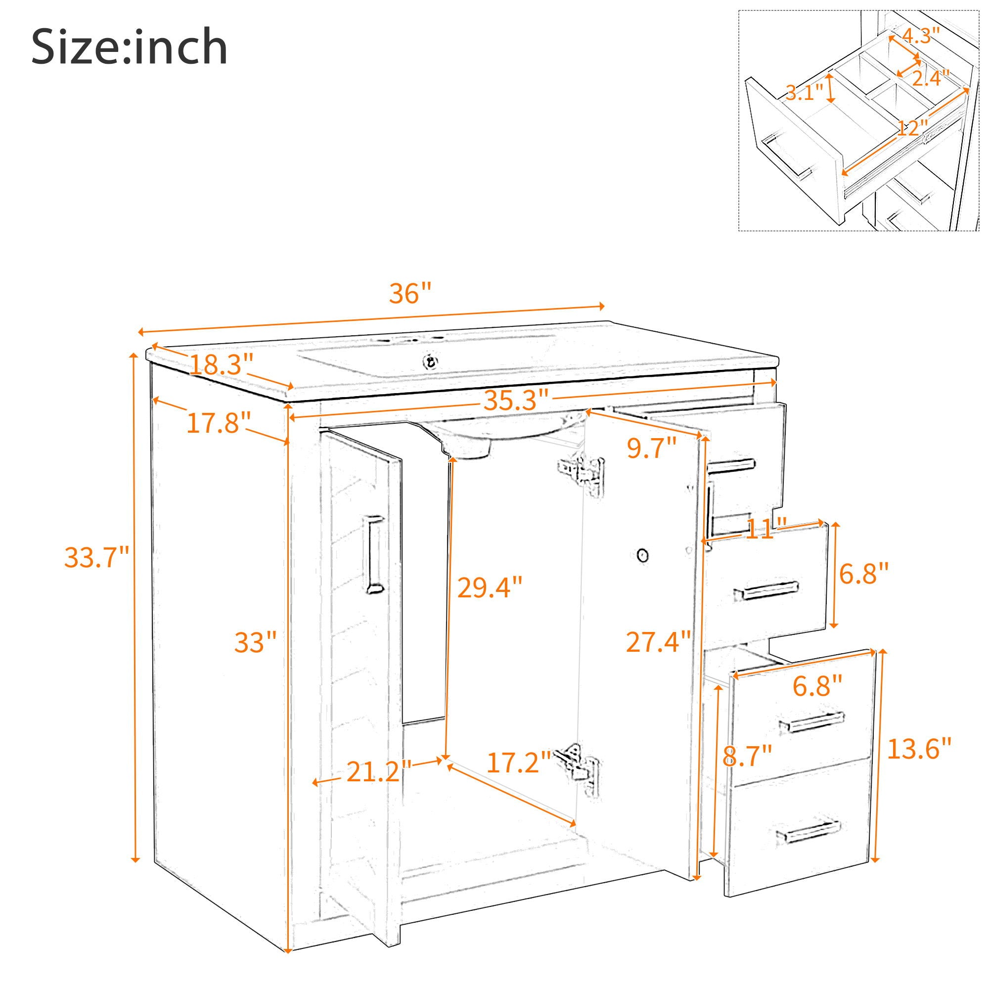 Bathroom Vanity With Sink, Storage Cabinet, Freestanding Set With 3 Drawers & Soft Closing Doors - Indigo