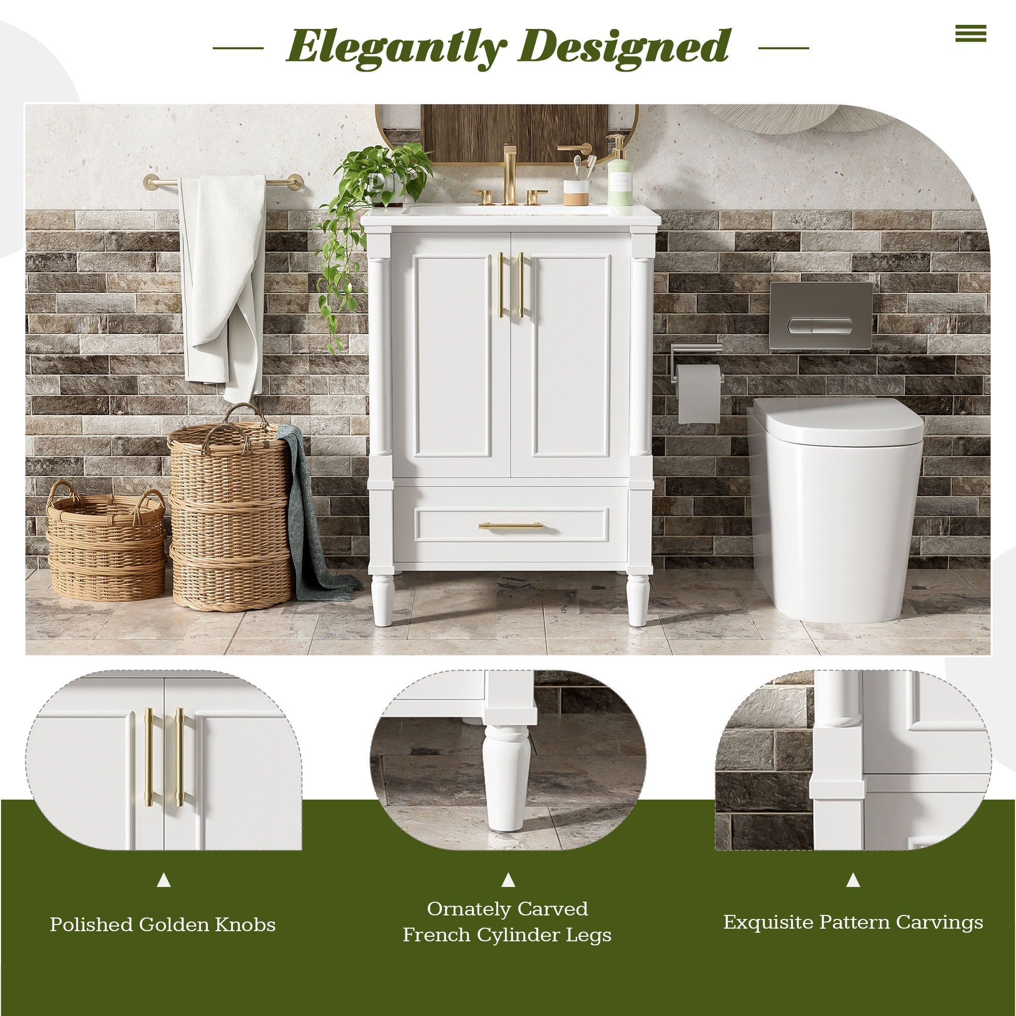 Bathroom Vanity With Ornate French Cylinder Legs, Soft Close Drawer