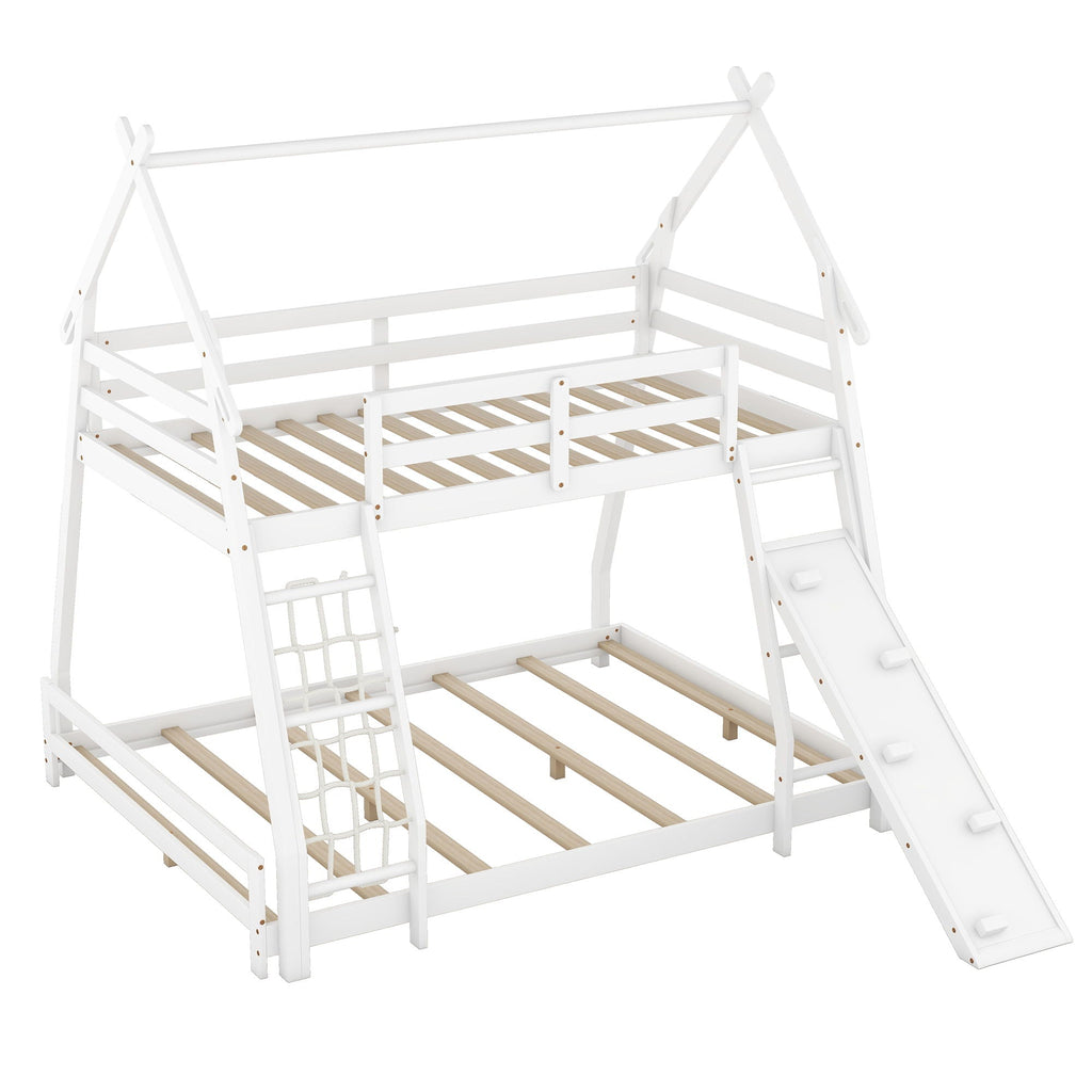 Georgiana - Twin Over Queen House Bunk Bed With Climbing Nets And Climbing Ramp