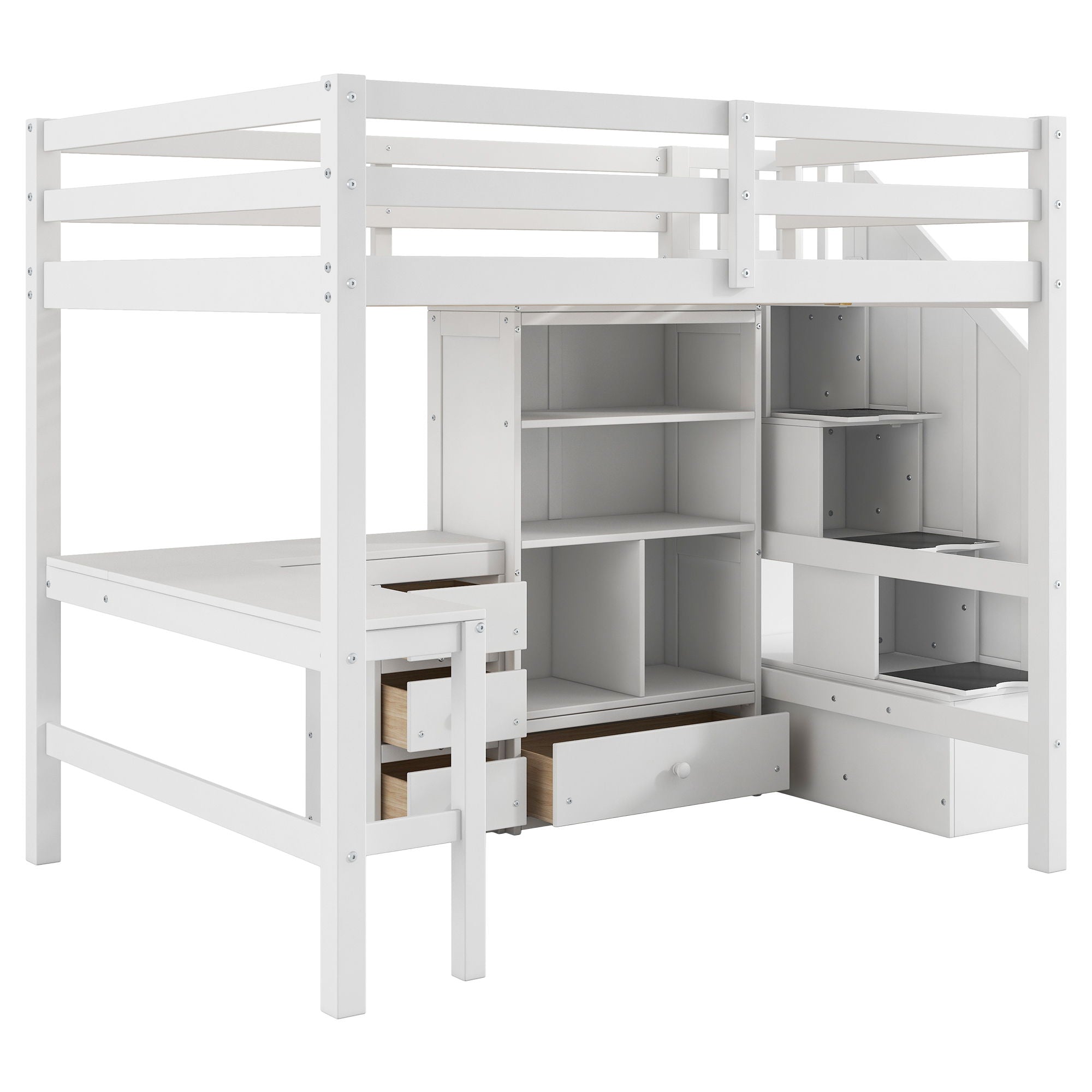 Loft Bed & L Shaped Desk, Drawers, Cabinet, And Storage Staircase