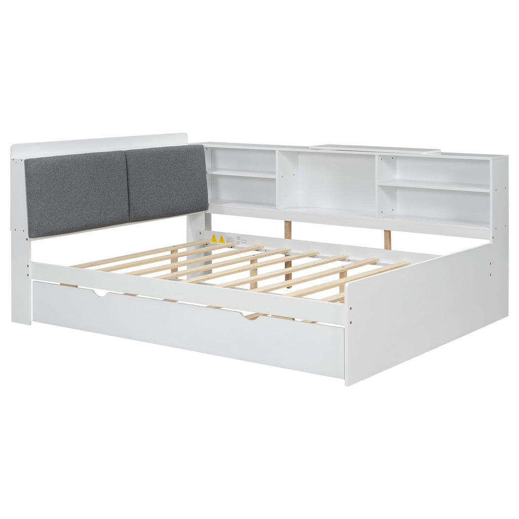 Platform Bed With Trundle, Shelves, And Storage Headboard