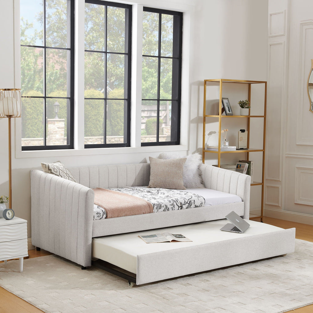 Upholstered Daybed With Trundle With Vertical Stripes