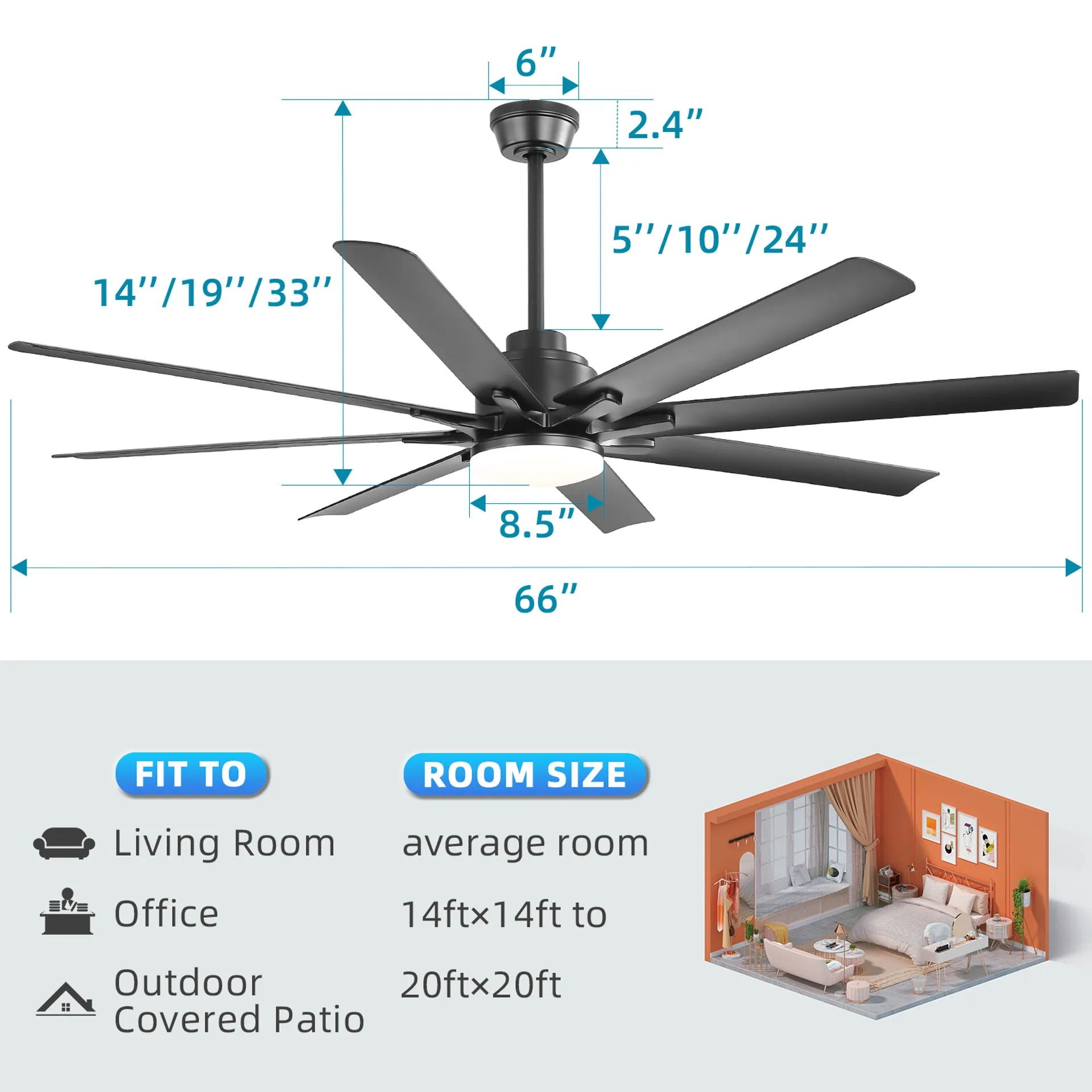 Ceiling Fan With Dimmable LED Light, 8 Blades, Smart Remote Control, Reversible DC Motor For Home Office And Living Spaces - Matte Black