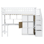 Loft Bed With Built In L Shaped Desk, LED Lights, Storage Shelves, Cabinets, And Staircase