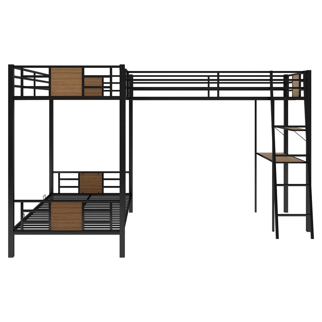 L-Shaped Twin Over Twin Bunk Bed With Twin Size Loft Bed With Desk And Shelf - Brown