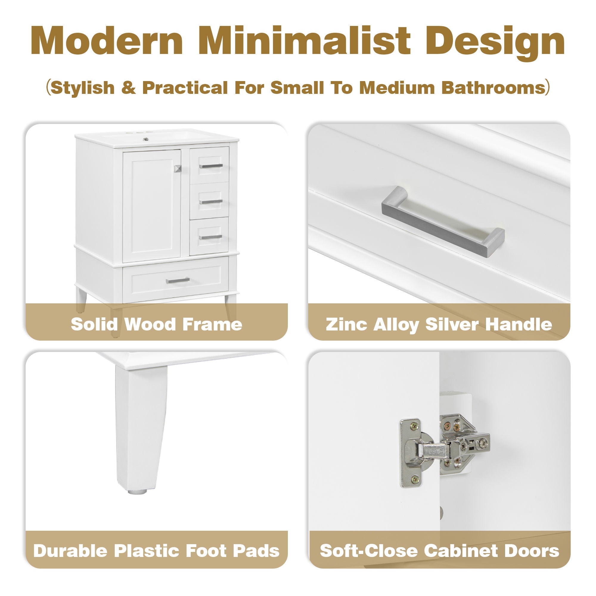 Bathroom Vanity, Modern Bathroom Cabinet With Sink Combo Set, Bathroom Storage Cabinet With A Soft Closing Door And 3 Drawers, Solid Wood Frame
