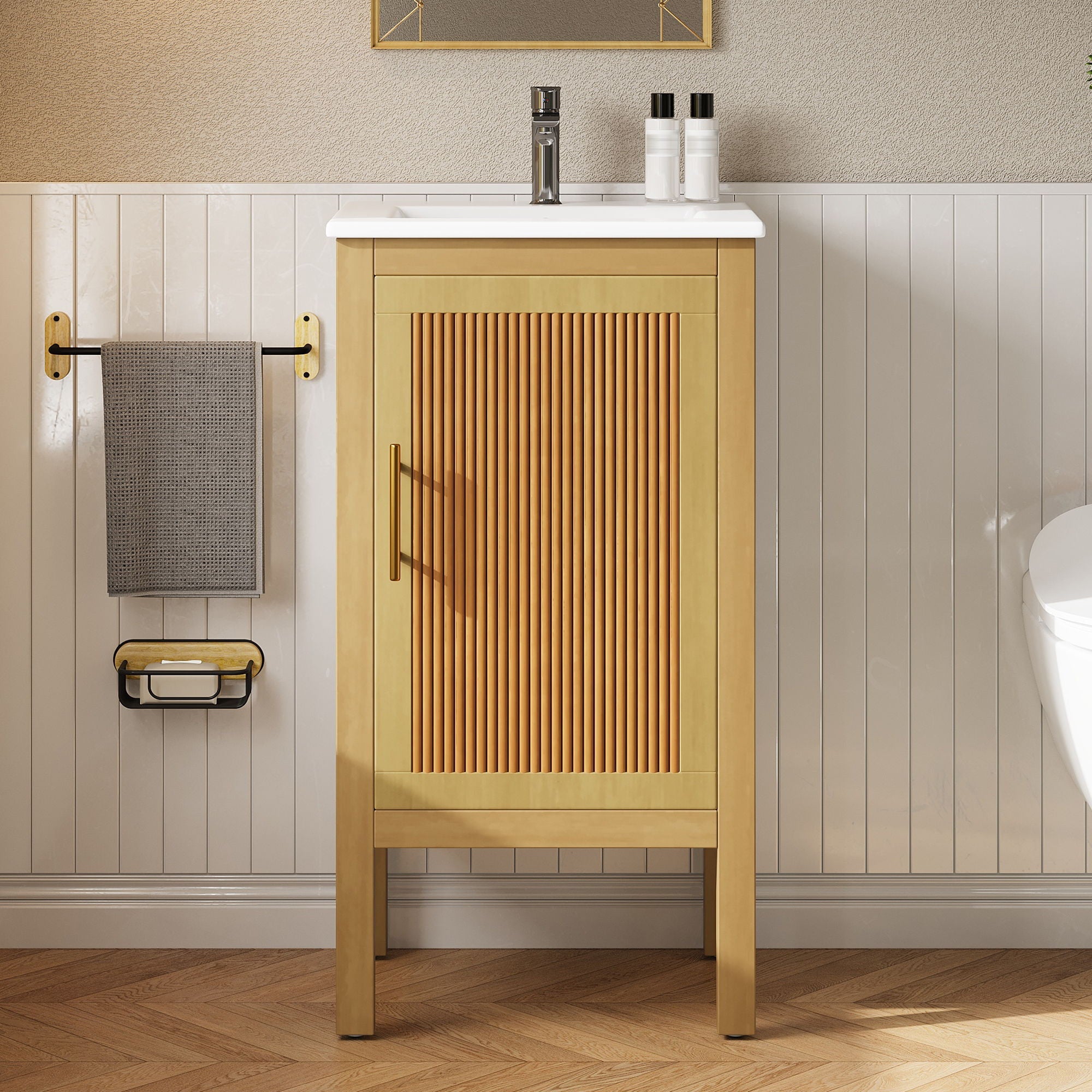 Bathroom Cabinet With Sink, Adjustable Shelf, Soft Closing Hinges - Natural Wood