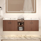 Soft Close Doors Bathroom Vanity With Small Storage Shelves, 24" And 12" Combination Cabinet - Reddish Brown