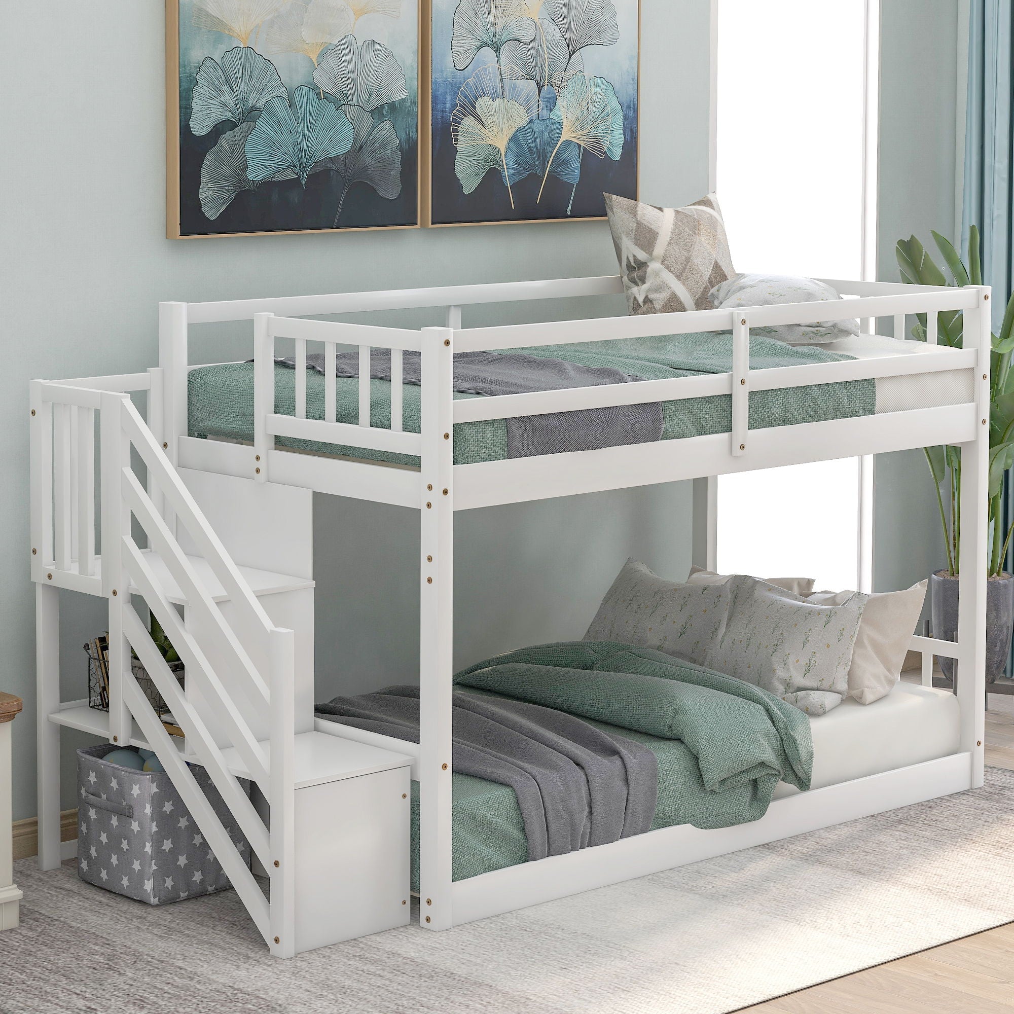 Norset - Twin Over Twin Floor Bunk Bed, Ladder With Storage