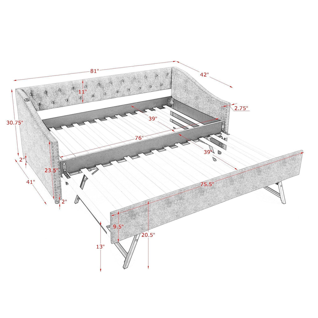 Upholstered Daybed With USB Charging & Pull Out Bed