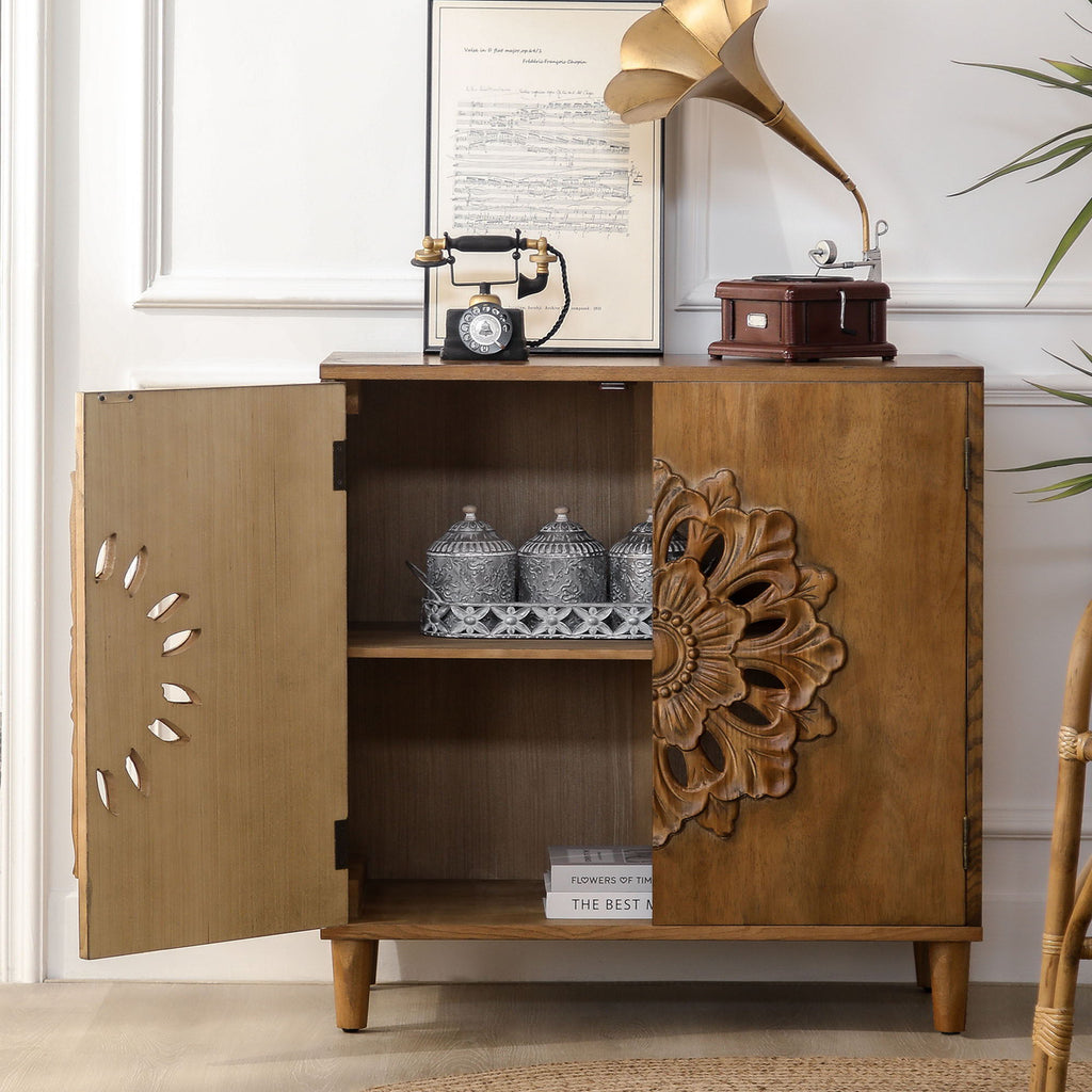 2 Door Accent Storage Cabinet With Floral Design, Sideboard For Living Room - Dark Brown