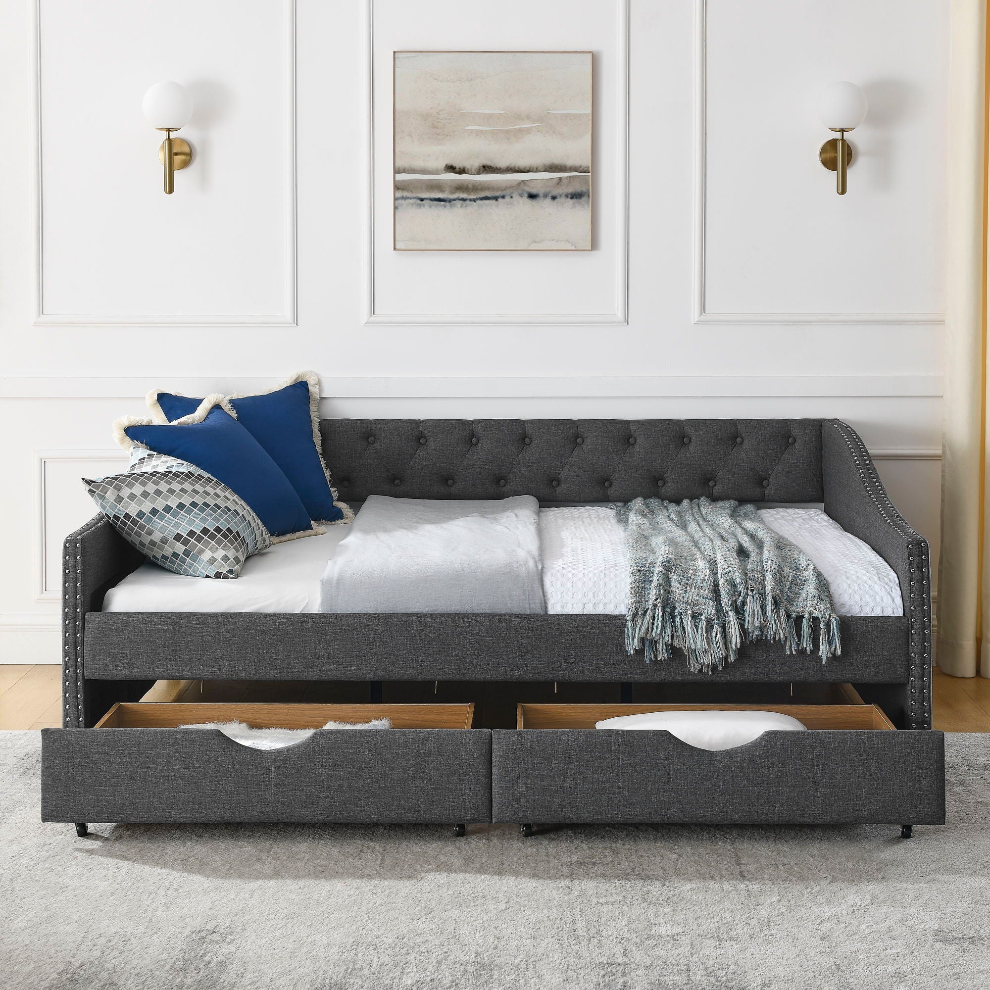 Upholstered Tufted Daybed With Drawers, Waved Arms