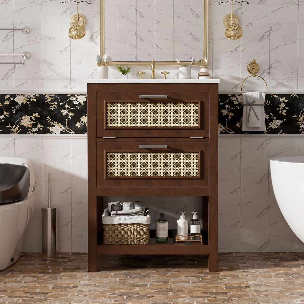 Modern Bathroom Vanity With Integrated Sink, Cabinet With 1 Deep Drawer And 1 Tip-Out Drawer